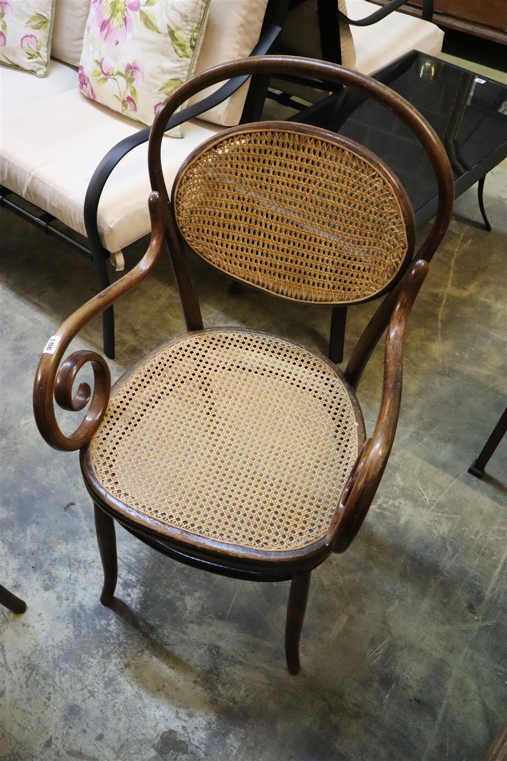 An early 20th century caned bentwood elbow chair